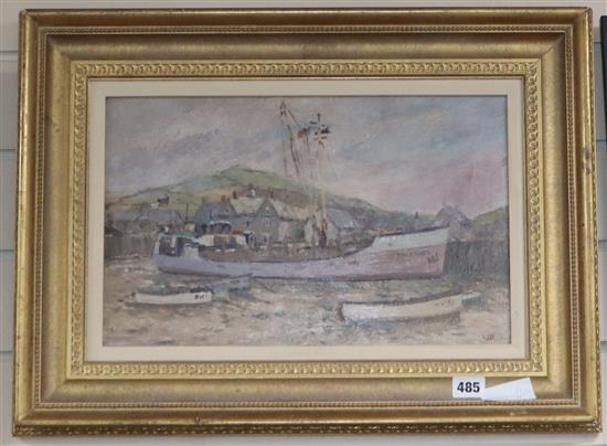 Hugh Boycott Brown (1909-1990) Trawler and fishing boats at low tide 25 x 39cm